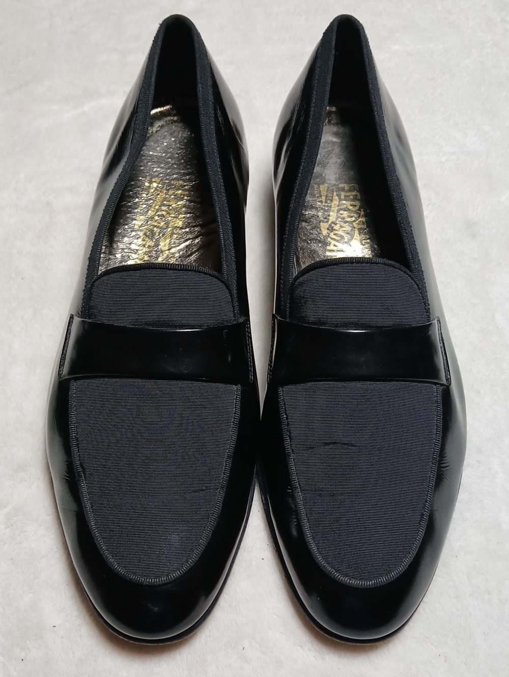 Salvatore Ferragamo Black Patent Leather & Fabric Slip-On Loafers Size 11D